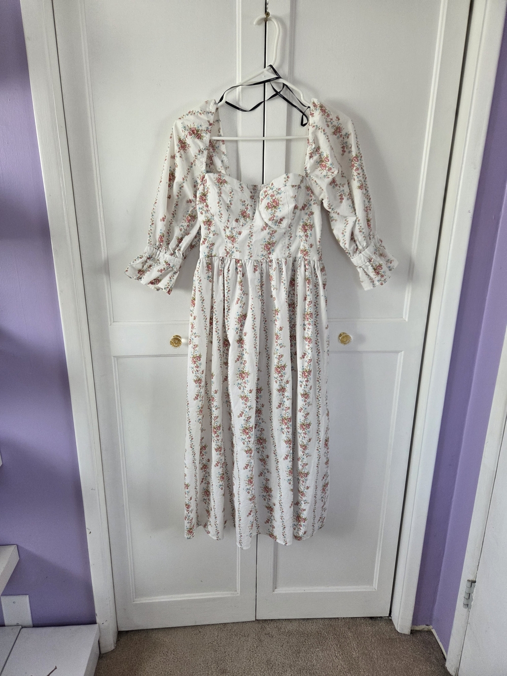 Forever 21 White Floral Midi Dress with Pink & Green Print